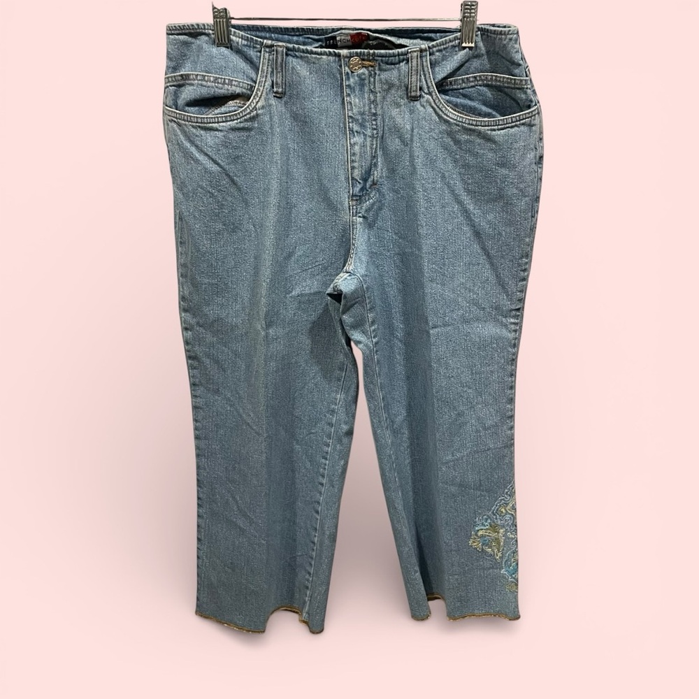Vintage 90s-Y2K french cuff lightwash denim embroidered leg crop jeans wide leg